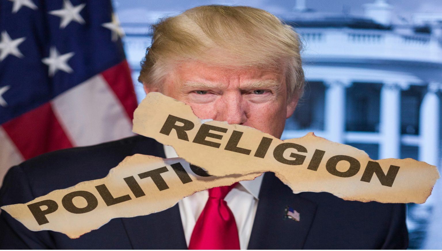 Portrait officiel de Trump barré par les mots superposés politic et religion
